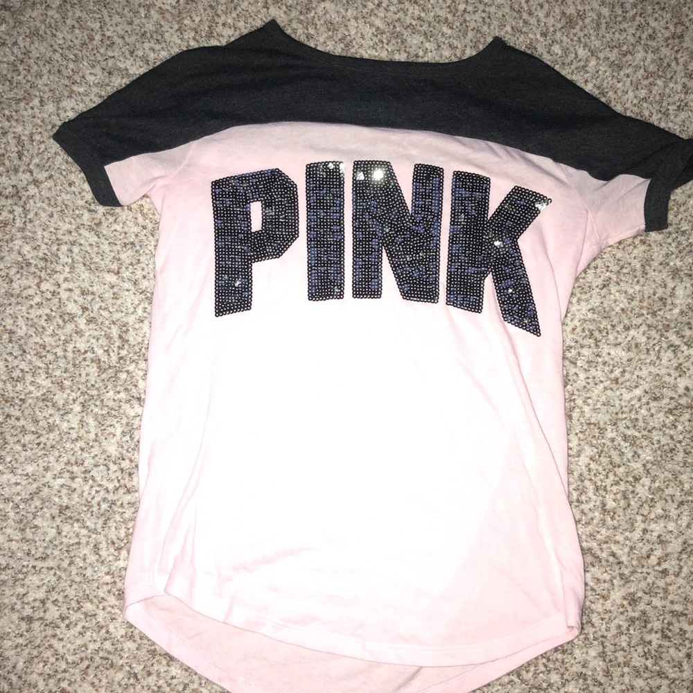 PINK color block sequin tee shirt